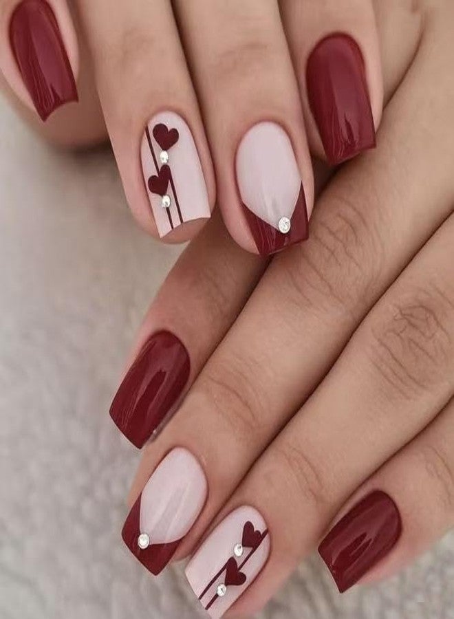 GRITOSE Valentine's Day Press on Nail Short Square Fake Nails Red False Nails with Rhinestones designs Acrylic French Tip Press ones Glossy Full Cover Reusable Glue on Nails for Women 24pcs - Image 1
